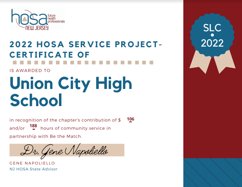 2022 Certificate of HOSE Service Project is awarded to Union City High School