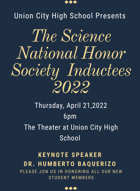 An invitation to the Science National Honor Society Induction Ceremony on Thursday April 21st at 6:00PM