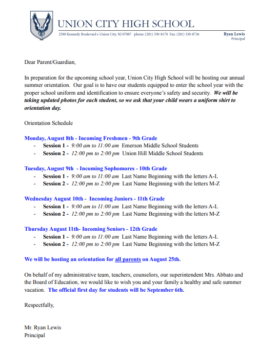 Union City High School Orientation Information-English