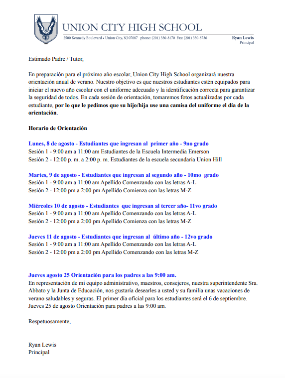 Union City High School Orientation Information-August 2022-Spanish
