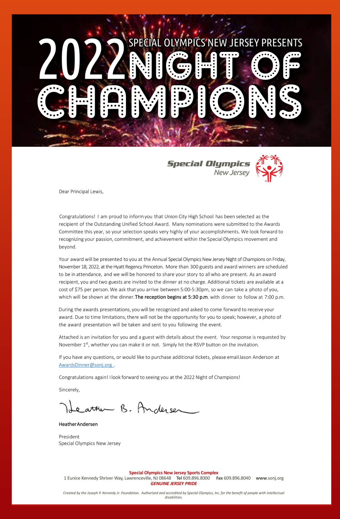 Letter of Congratulations to Principal Ryan Lewis from the Special Olympics New Jersey
